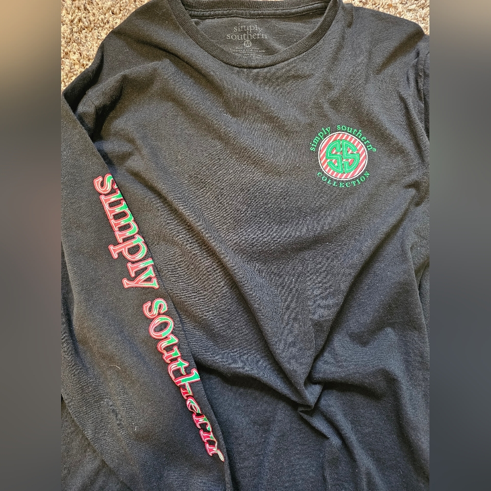 Simply Southern Black Tee with Green and Red Logo, Size Medium, Long sleeve